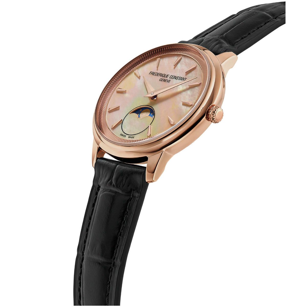 Side view of Frederique Constant Classics Moneta Moonphase Peach Mother of Pearl FC-206MPSAL2S4