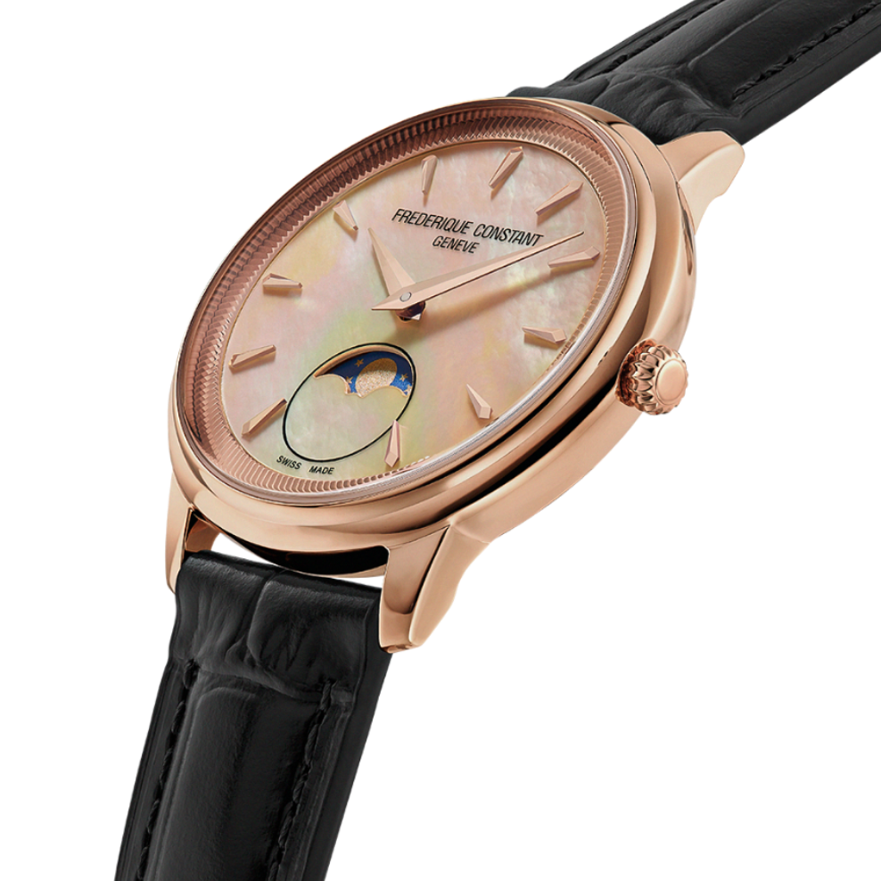 Side view of Frederique Constant Classics Moneta Moonphase Peach Mother of Pearl FC-206MPSAL2S4