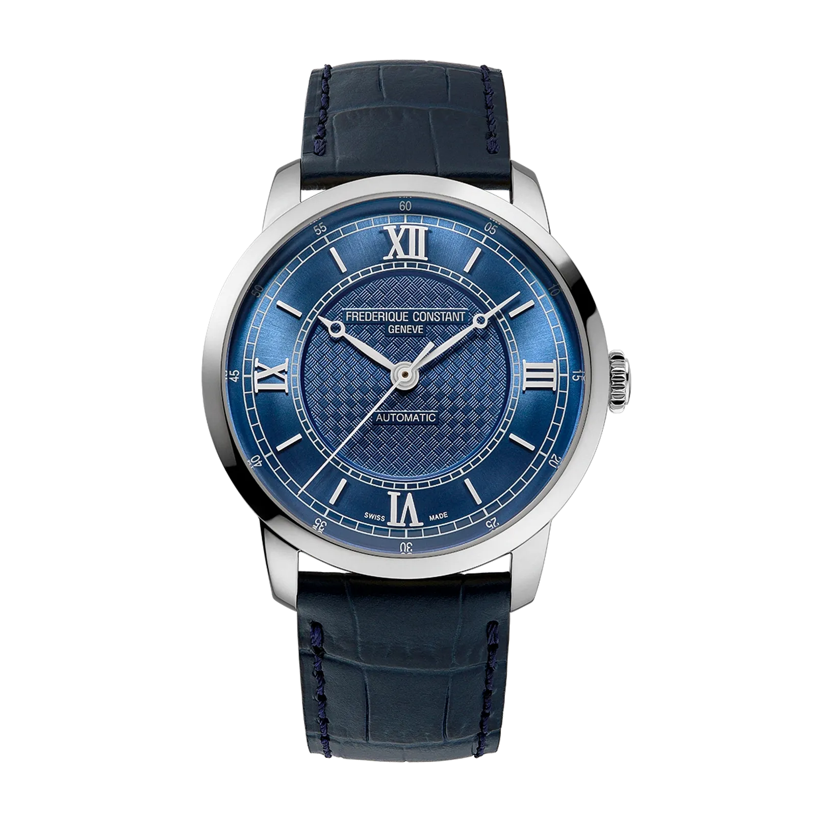 Square silver watch with white Roman dial and wide metal bracelet.