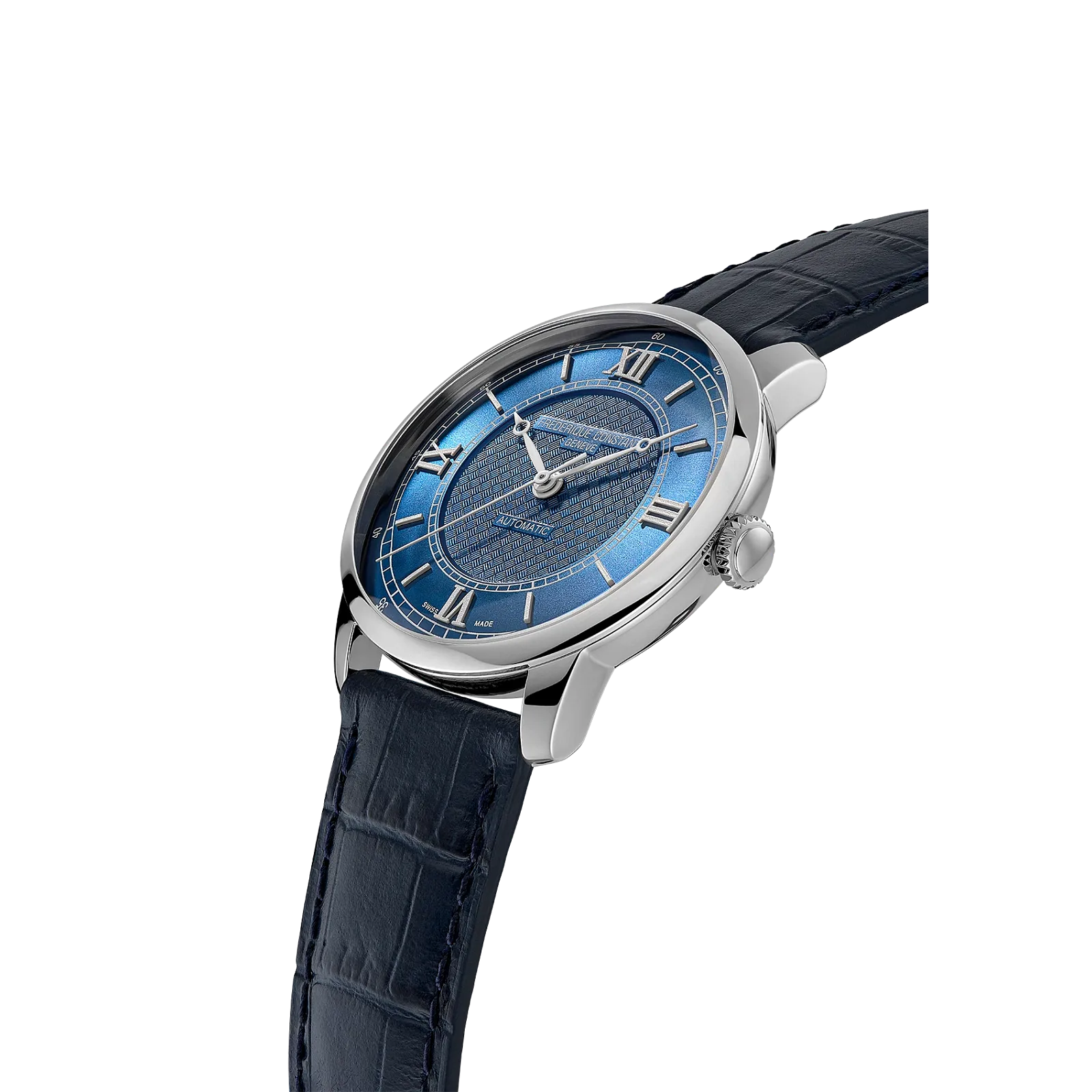 Profile of slim square case and wide jewelry-style silver bracelet.