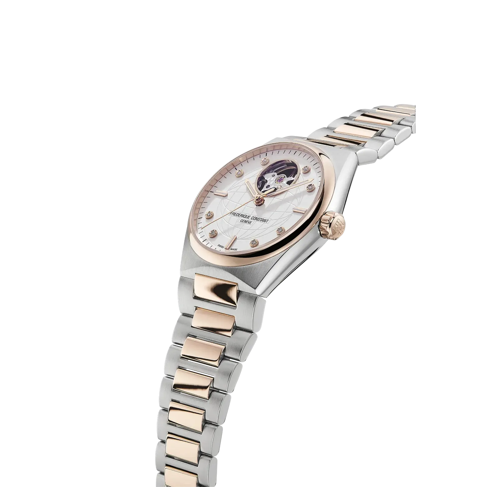 Profile shot showing the rose gold bezel, the intricate open-heart window, and the seamless integrated bracelet design.