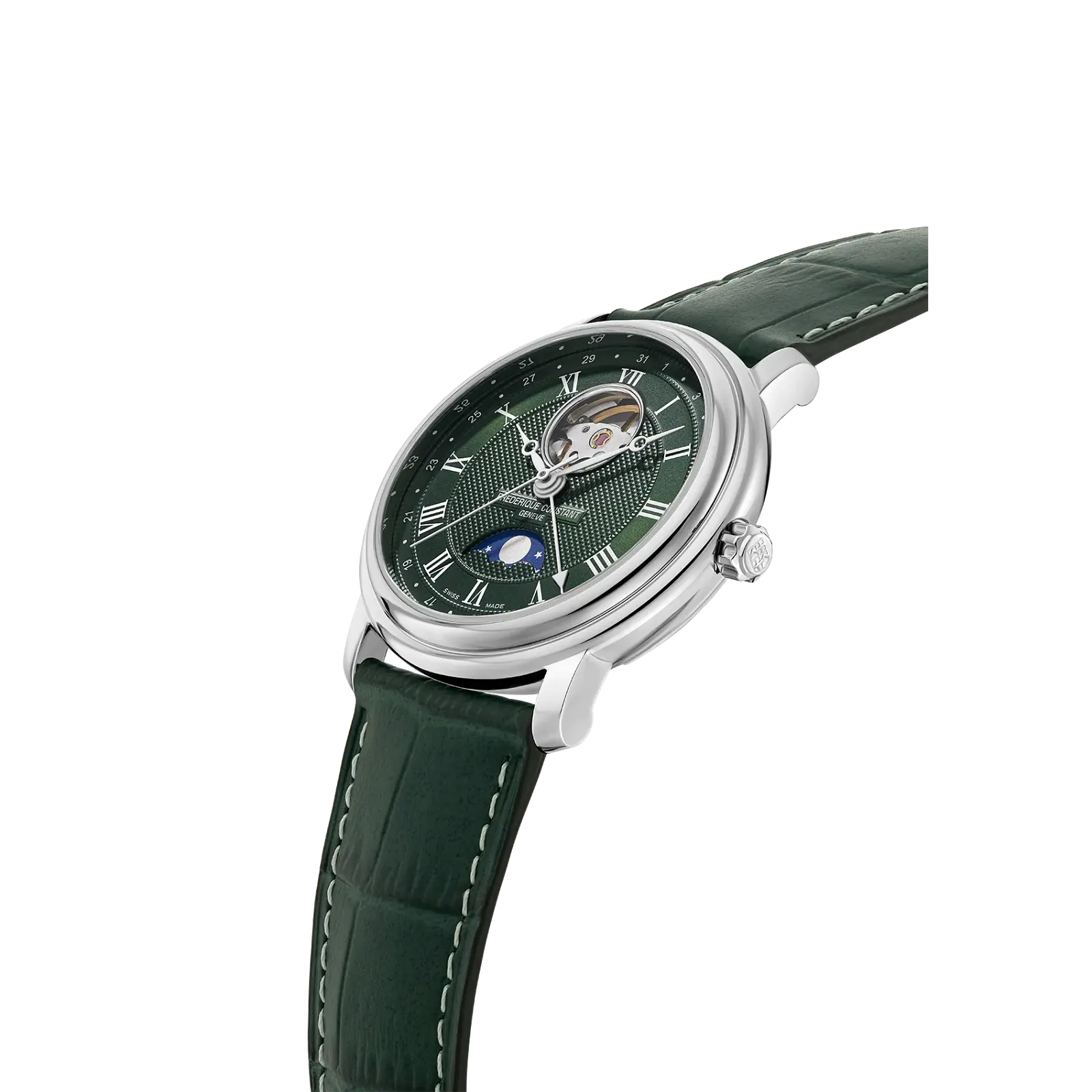 Side profile highlighting the polished steel case and the textured green leather strap.