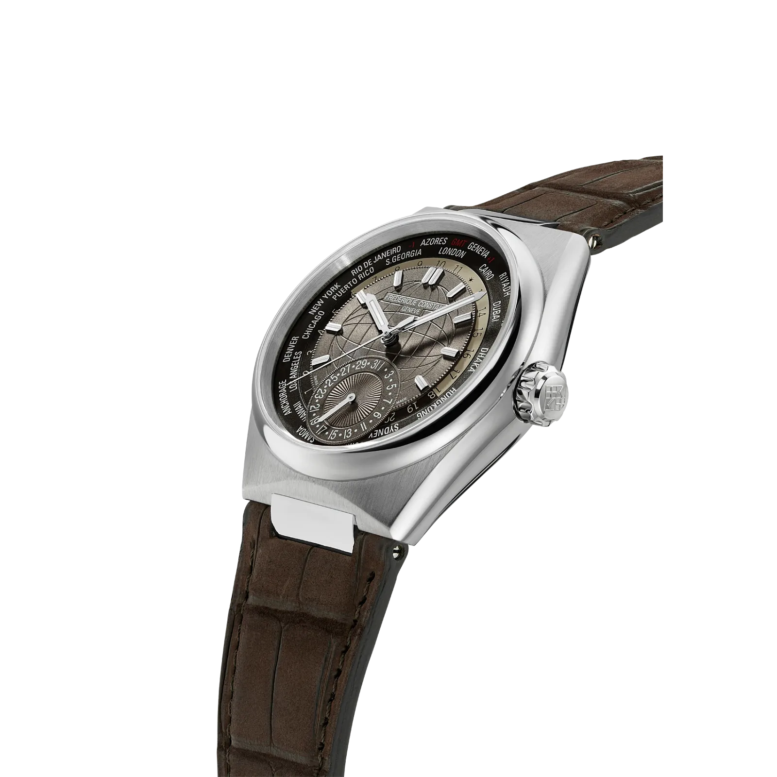 Side angle highlighting the polished steel case, the world map dial detail, and the date sub-dial.