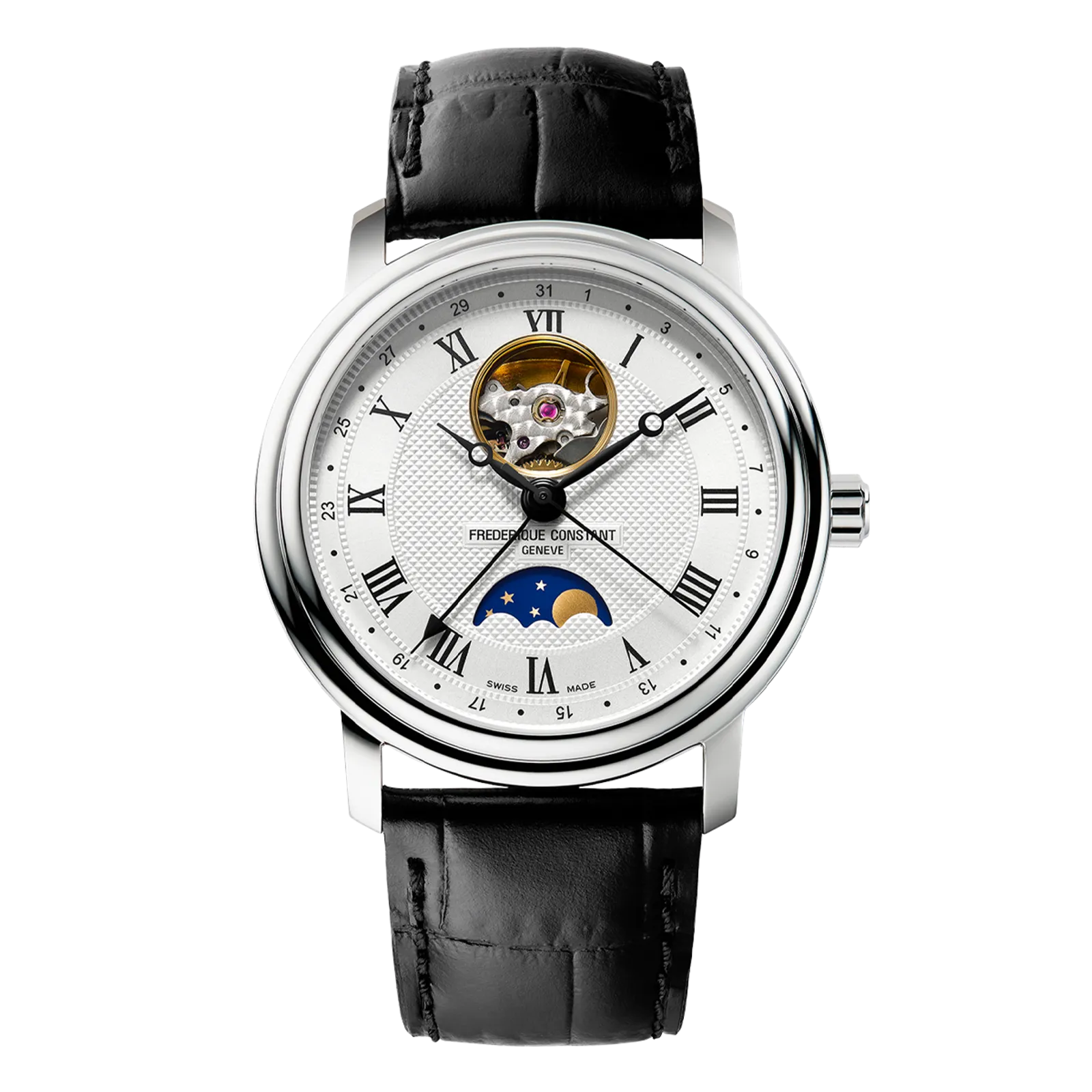 Front view of a Frederique Constant watch with a silver guilloché dial, Roman numerals, and an open-heart window showing the movement.