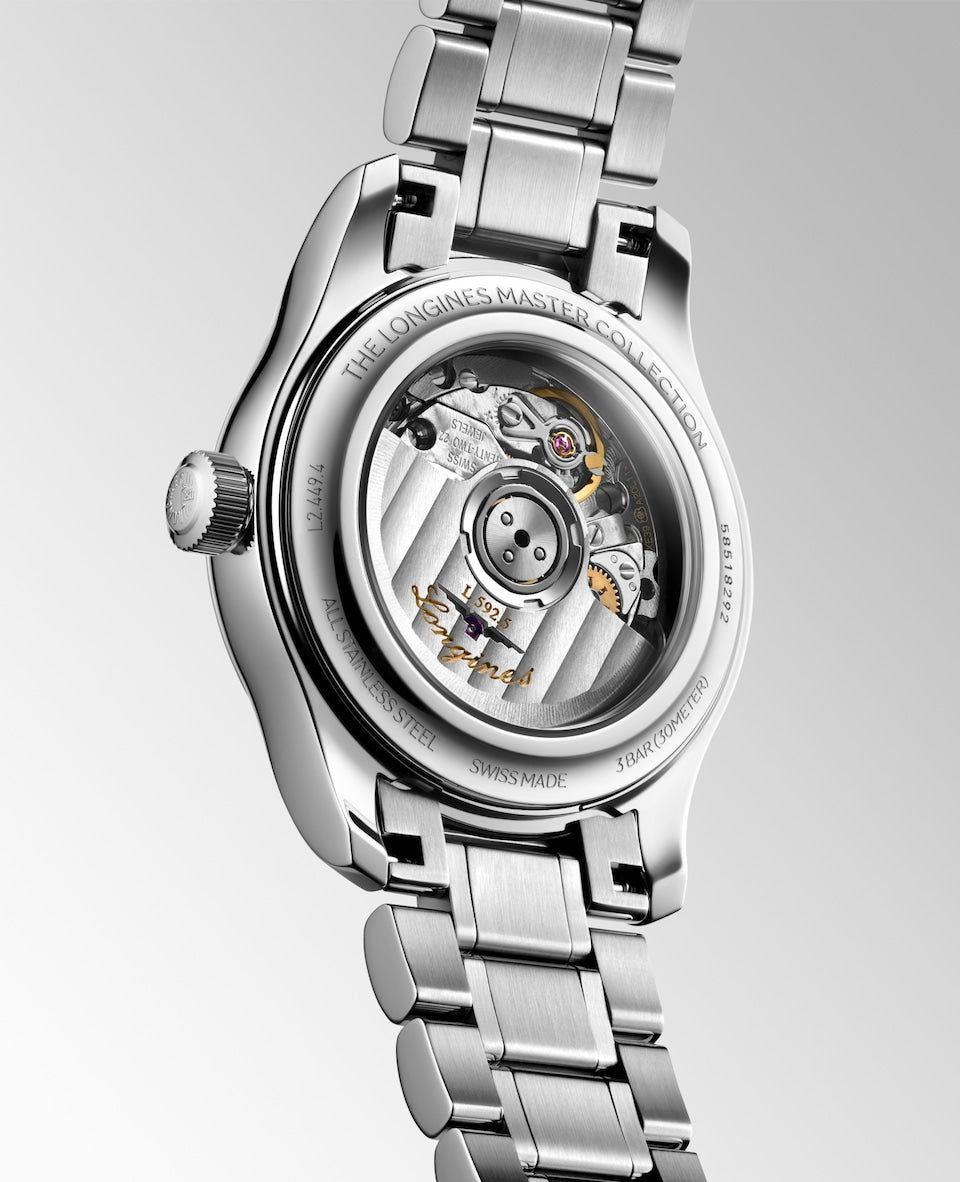 Angle back view of LONGINES MASTER COLLECTION, Automatic watch, 30.00 mm, stainless steel, L2.449.4.87.6