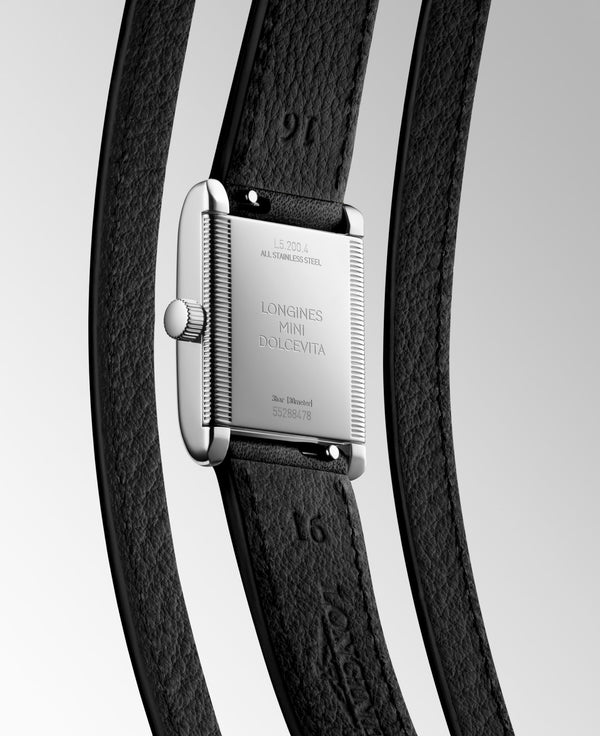 Back View of L52004710 Longines Mini DolceVita Black Nappa Double Tour Leather Strap