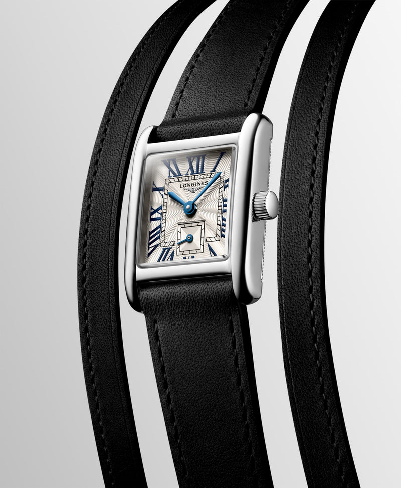 Front Angle of L52004710 Longines Mini DolceVita Black Nappa Double Tour Leather Strap