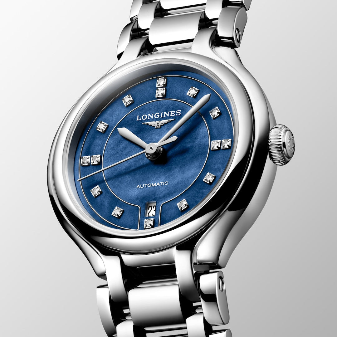 Longines Elegance PrimaLuna Midnight Blue Mother of Pearl with Diamonds 30mm L81234976 dial closeup angle shot