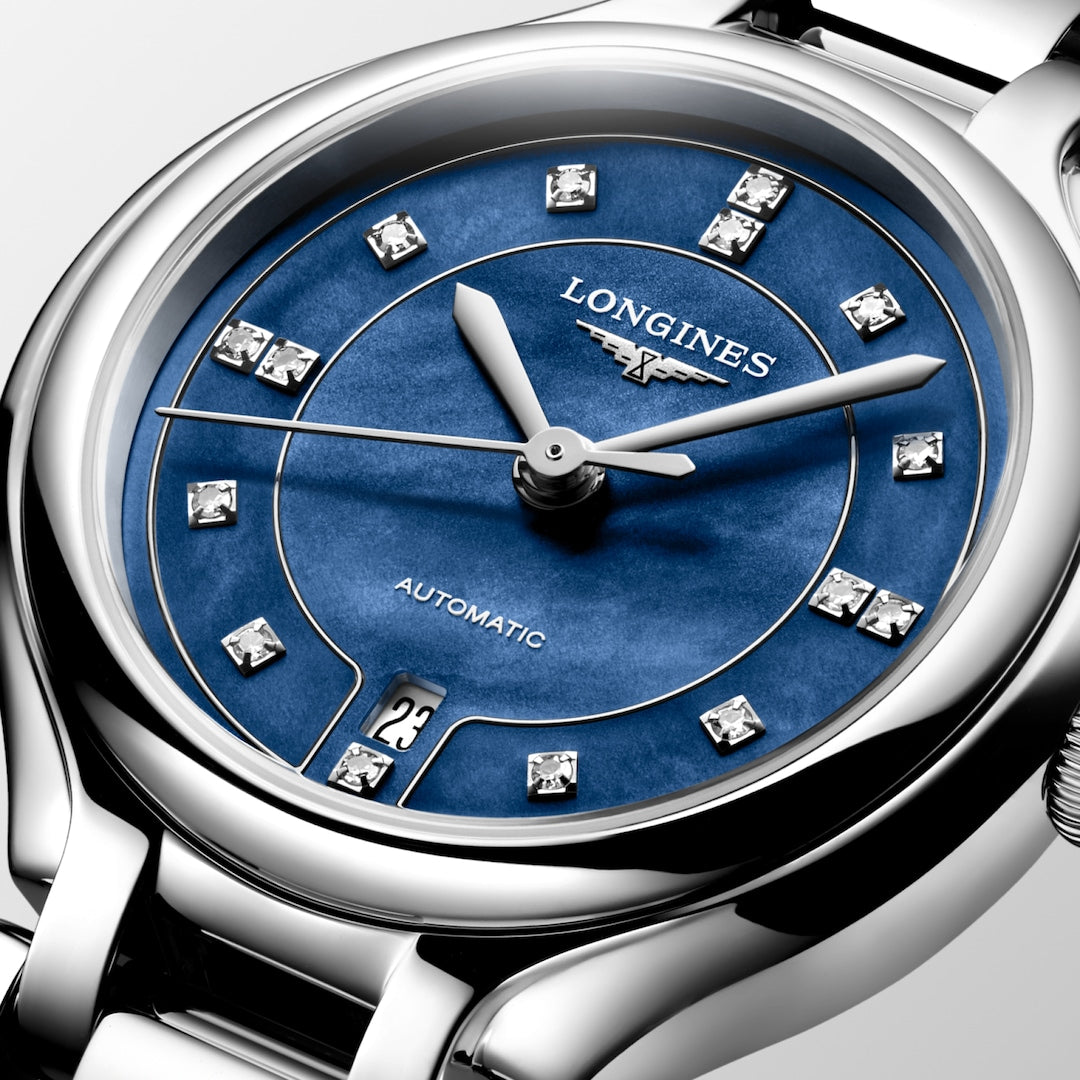 Longines Elegance PrimaLuna Midnight Blue Mother of Pearl with Diamonds 30mm L81234976 dial closeup