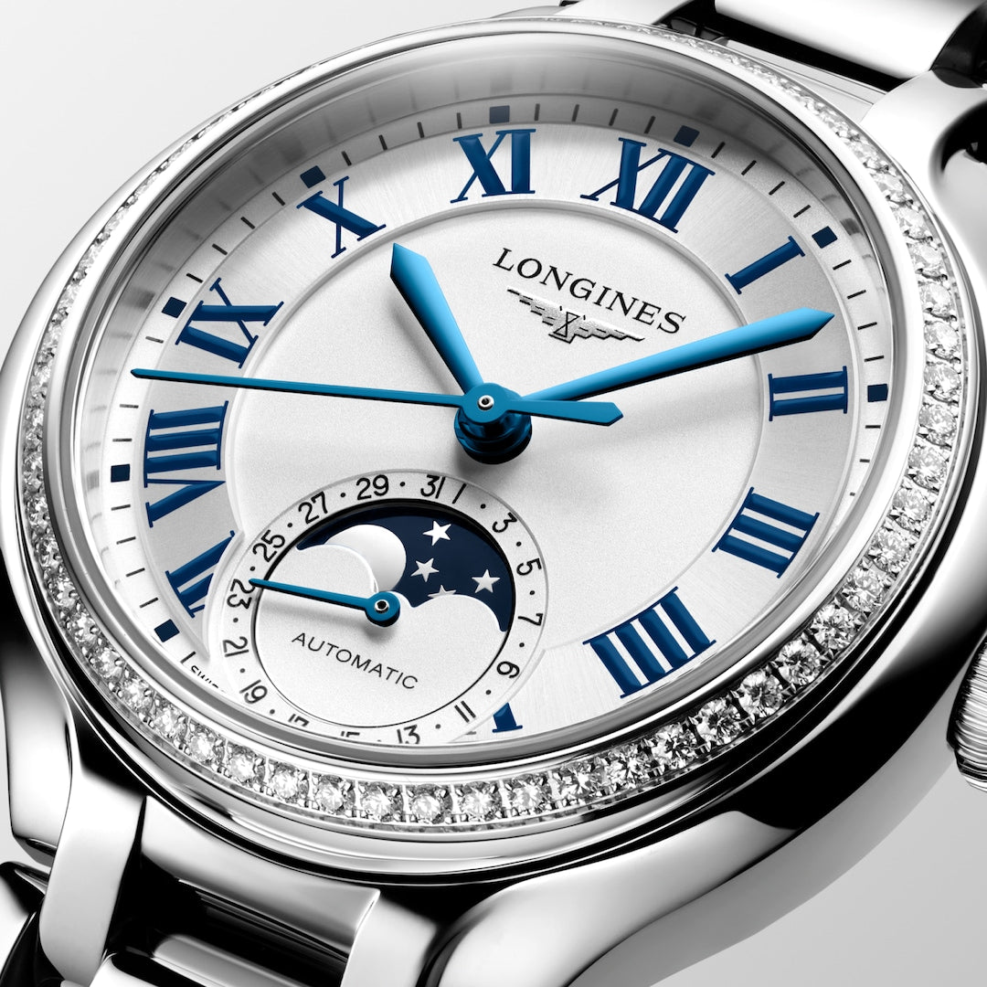 Longines Elegance PrimaLuna Moonphase Opaline Ivory 34mm L81260716 dial closeup