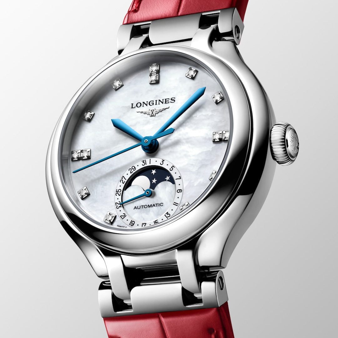 Longines PrimaLuna Moonphase White Mother of Pearl with Diamonds and Red Strap 34mm L81264872 dial closeup angle