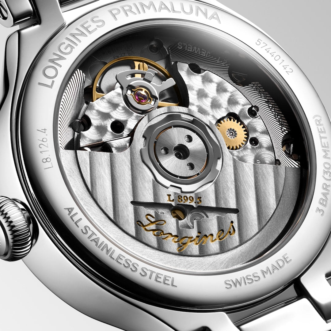 Longines PrimaLuna Moonphase White Mother of Pearl with Diamonds and Red Strap 34mm L81264872 caseback