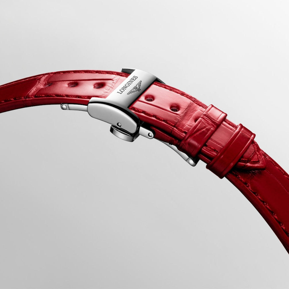 Longines PrimaLuna Moonphase White Mother of Pearl with Diamonds and Red Strap 34mm L81264872 clasp/strap