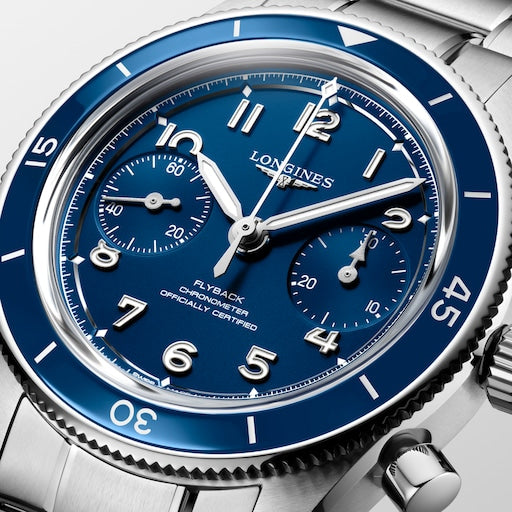 Close up of LONGINES SPIRIT PILOT FLYBACK- L3.721.4.93.6
Manual winding watch, 39.50 mm, Stainless steel and ceramic bezel