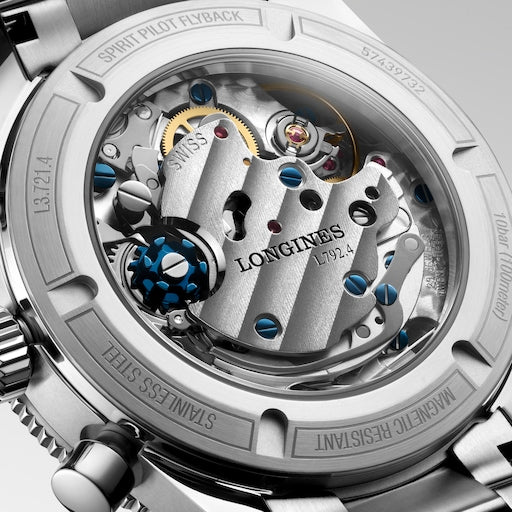 Close up of the backcase of LONGINES SPIRIT PILOT FLYBACK