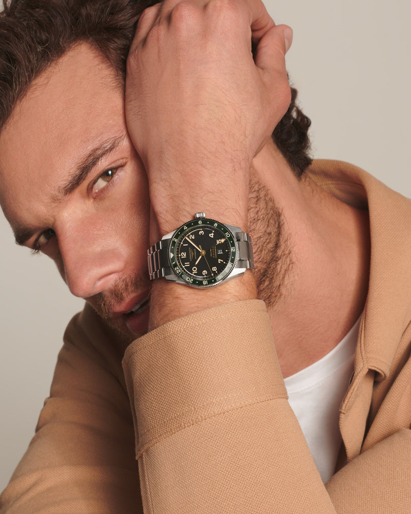 Model wearing Longines Spirit Zulu 42mm Anthracite Dial Stainless Steel watch