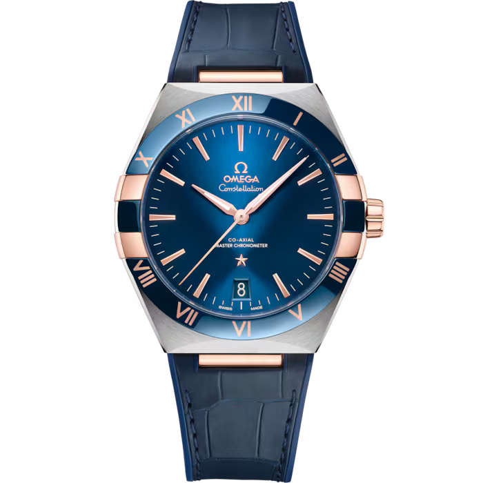 Front view of Omega watch with blue withrose gold dial.