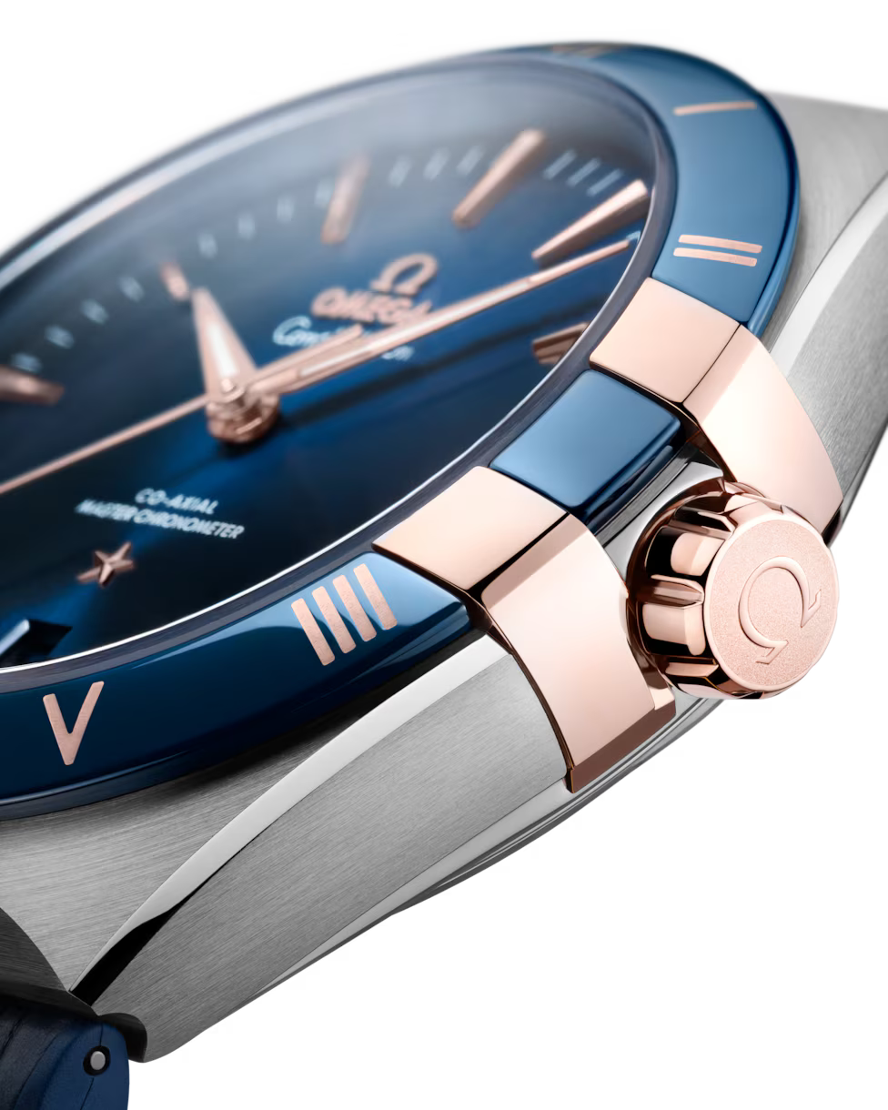 Side view of omega blue with rose gold dial.