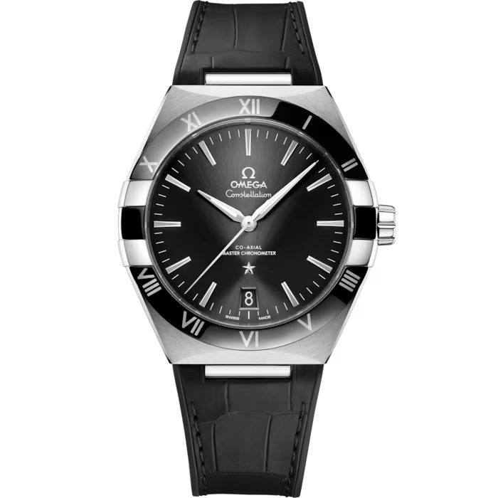 Front View of Omega Watch Black with Silver Dial