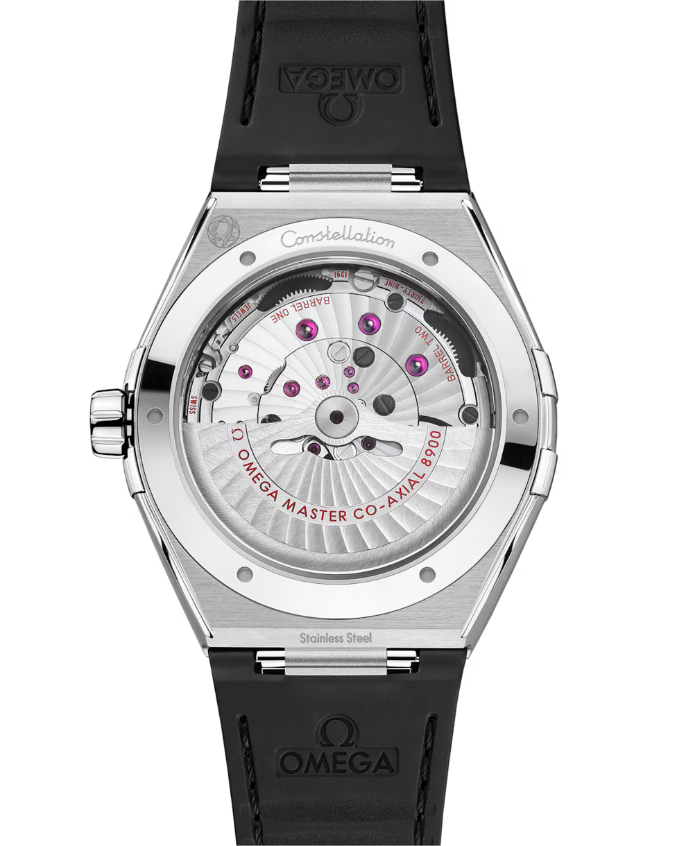 Transparent caseback showing the automatic watch movement.