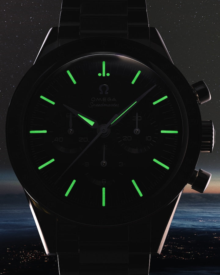 SuperLumiNova view of OMEGA Speedmaster First Omega in Space Chronograph 39.7mm Watch