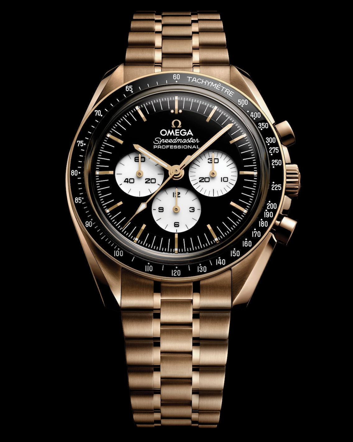 OMEGA Speedmaster Professional Moonwatch "Reverse Panda" Moonshine Gold soldier shot 2