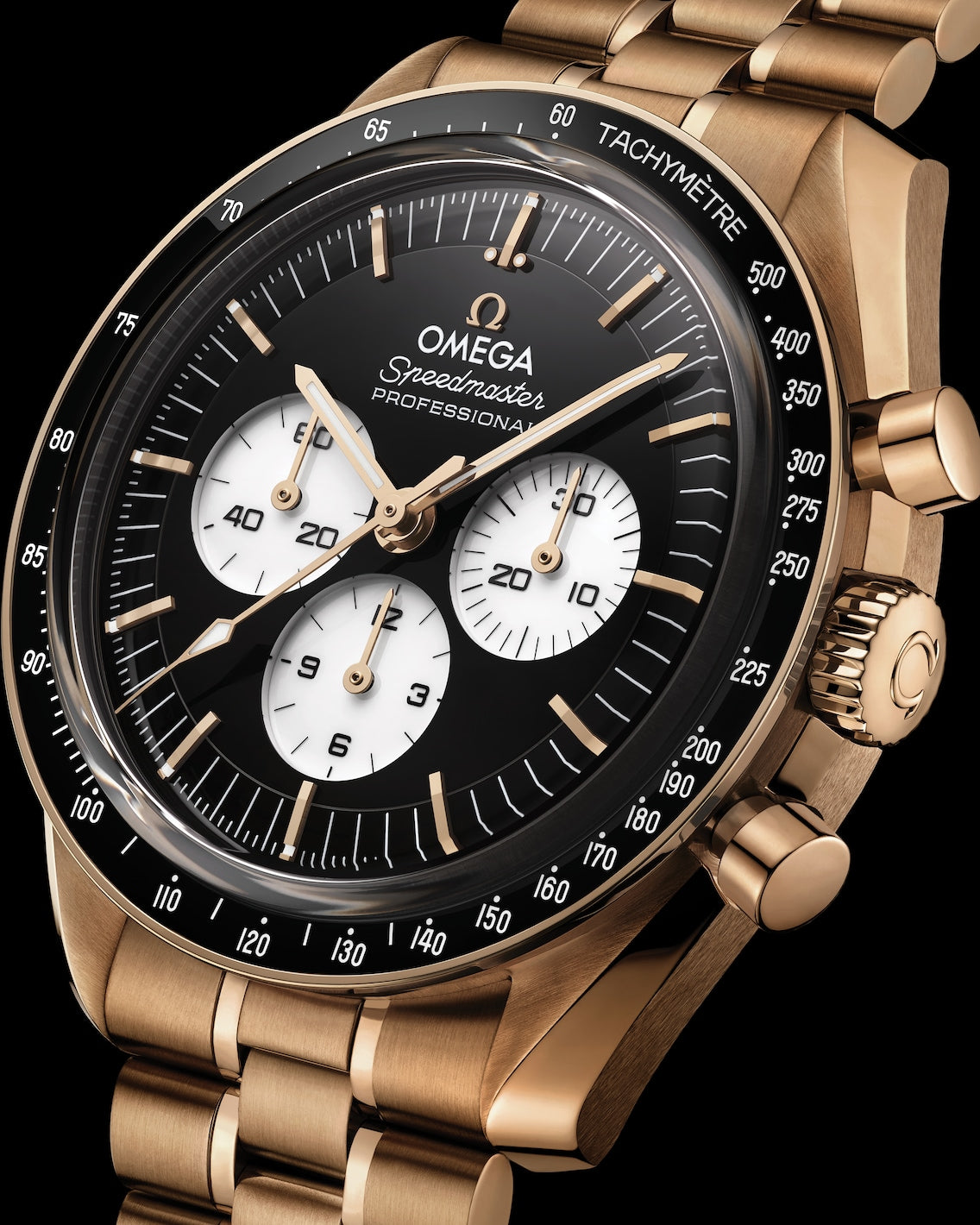 OMEGA Speedmaster Professional Moonwatch "Reverse Panda" Moonshine Gold dial angle