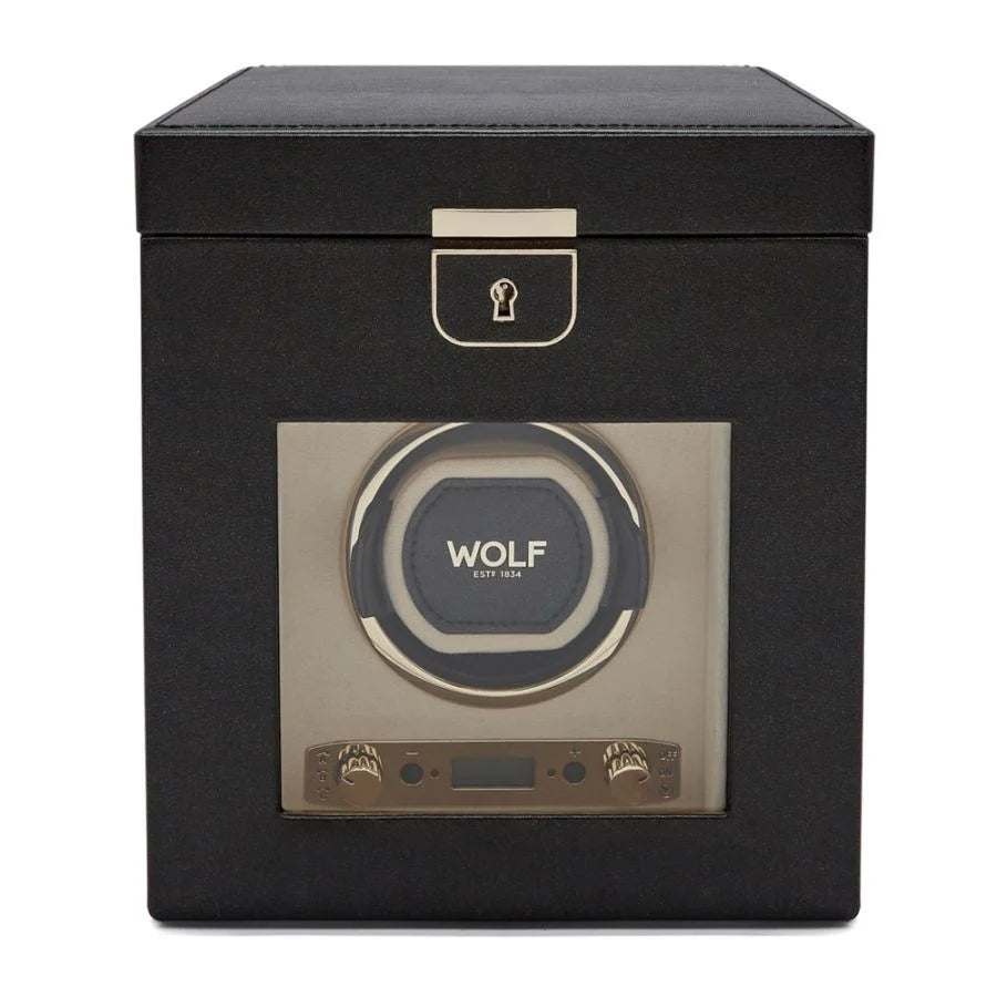 Front view of Wolf 1834 Palermo Single Watch Winder with Jewelry Storage 213702