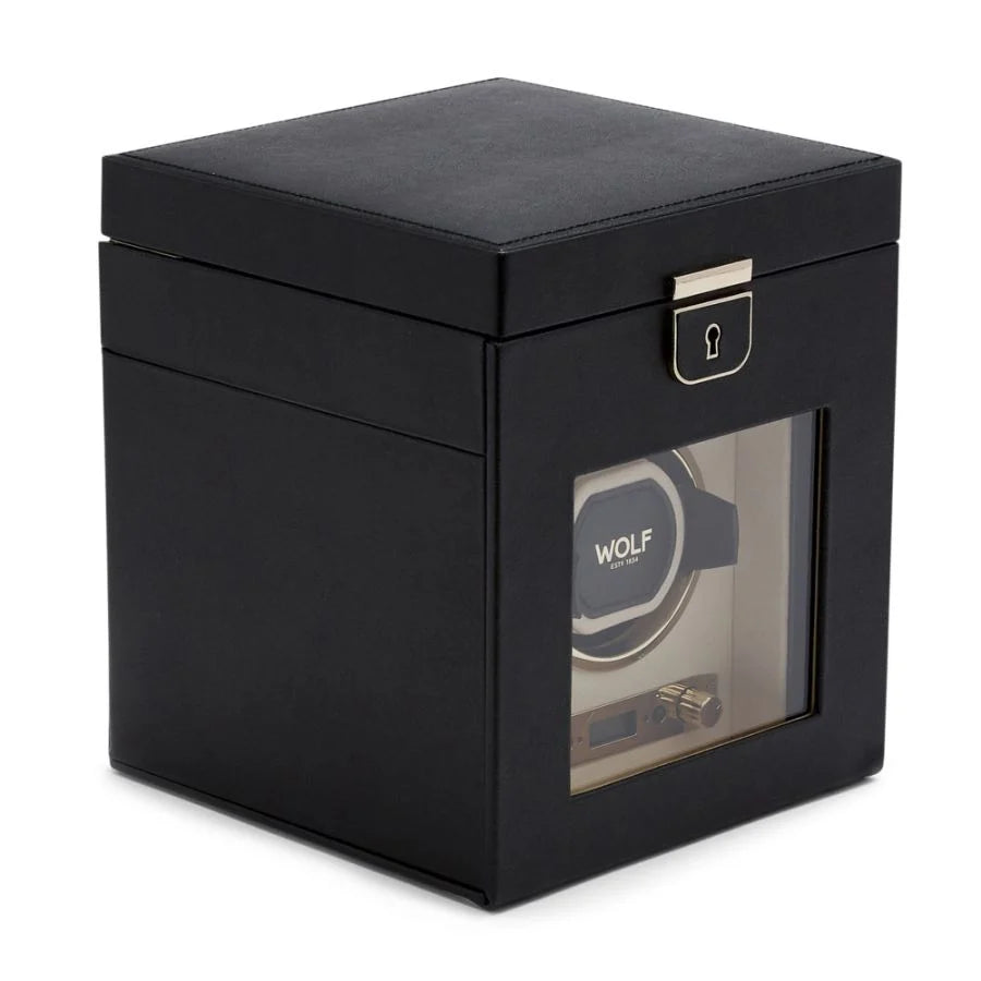 Side view of Wolf 1834 Palermo Single Watch Winder with Jewelry Storage 213702