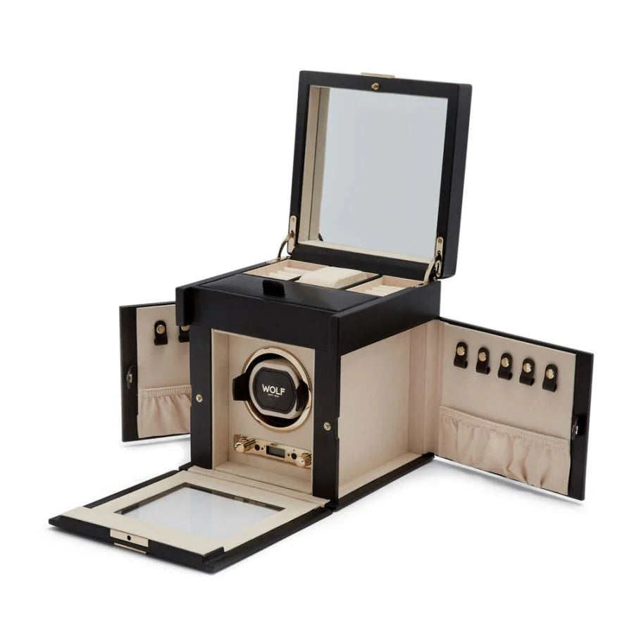 Open view of Wolf 1834 Palermo Single Watch Winder with Jewelry Storage 213702