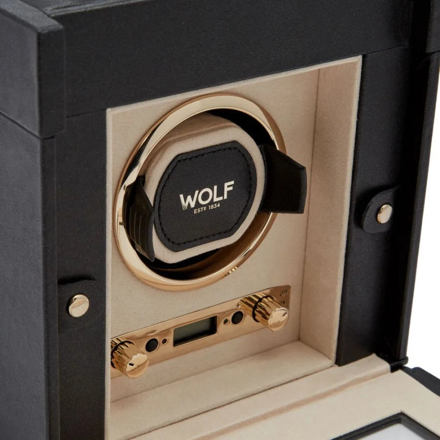 Inside view of Wolf 1834 Palermo Single Watch Winder with Jewelry Storage 213702