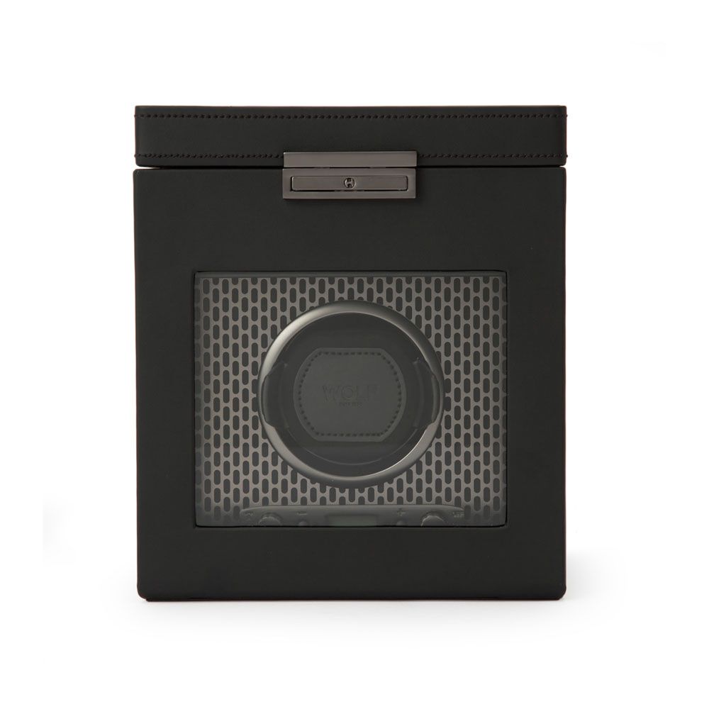 Front View Of Wolf 1834 Axis Single Watch Winder With Storage.