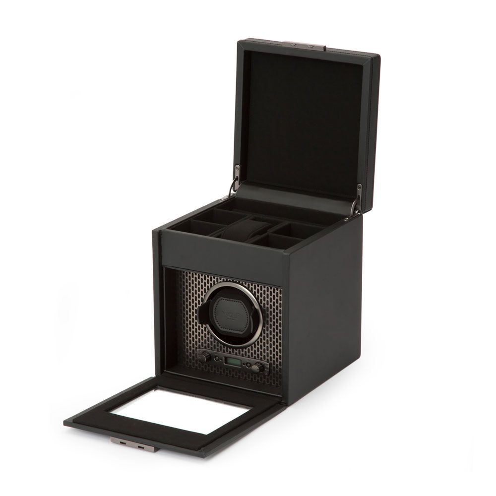 Open View Of Wolf 1834 Axis Single Watch Winder With Storage.