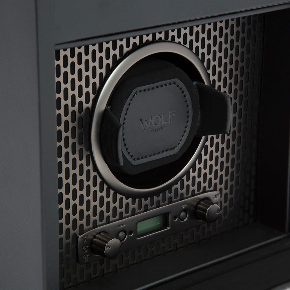 Closeup View Of Wolf 1834 Axis Single Watch Winder With Storage.