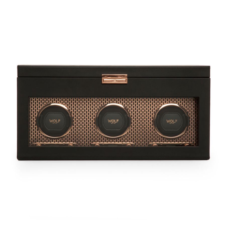 Front view of Wolf 1834 Axis Triple Watch Winder With Storage 469416