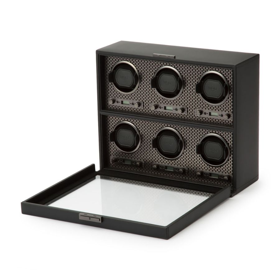 Side with open view of Wolf 1834 Axis 6 Piece Watch Winder 469603