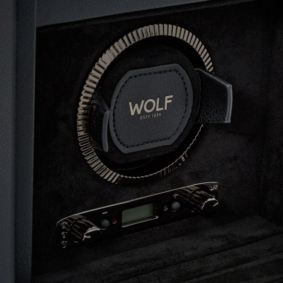 Closeup View Of Wolf 1834 British Racing Single Watch Winder Black leather.