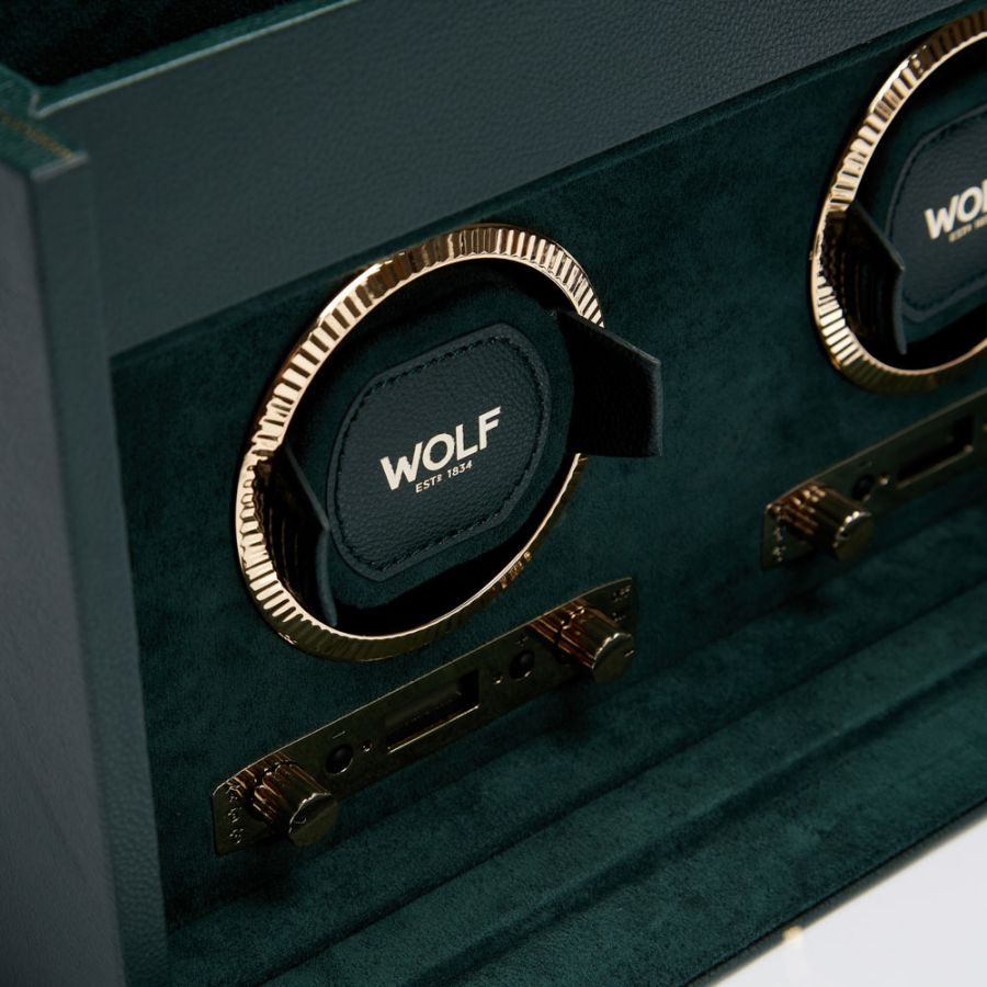Close view of Wolf 1834 British Racing Double Watch Winder with Storage 792241