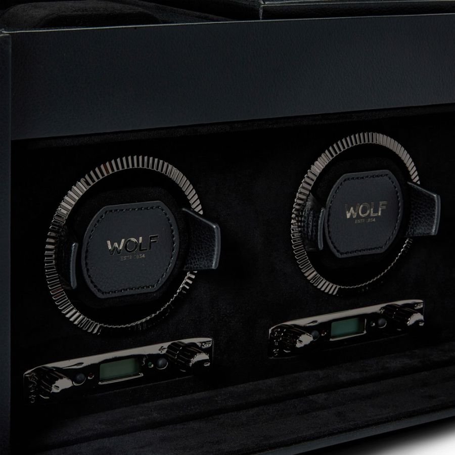 Close up of Wolf 1834 British Racing Triple Watch Winder with Storage 792302