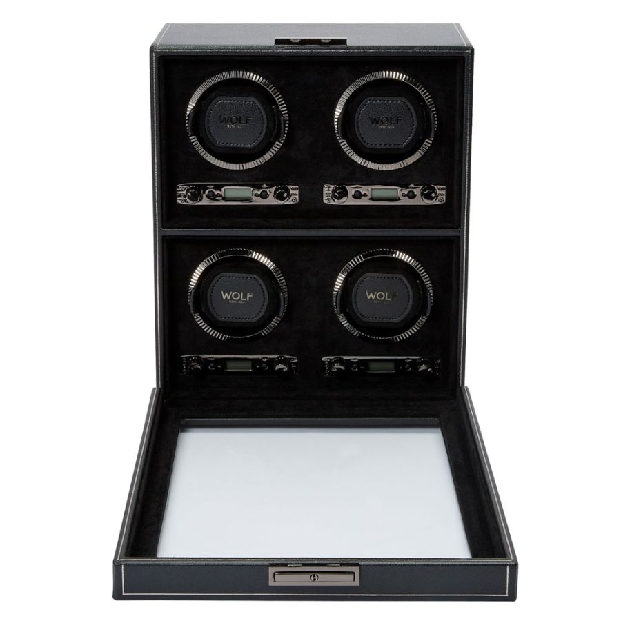 Front and open view of Wolf 1834 British Racing 4 Piece Watch Winder 793002