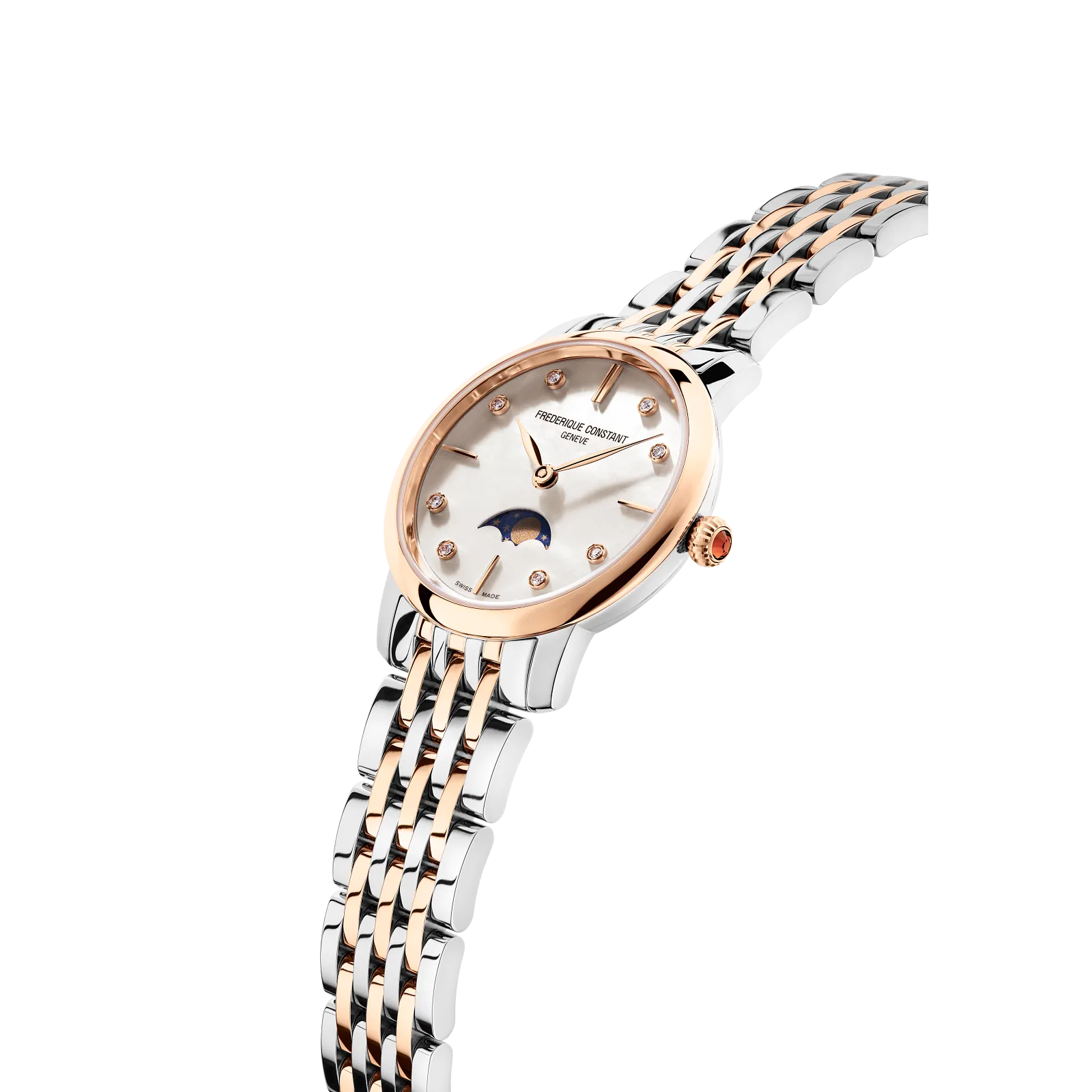Profile shot highlighting the rose gold bezel, moonphase complication, and the matching two-tone bracelet.