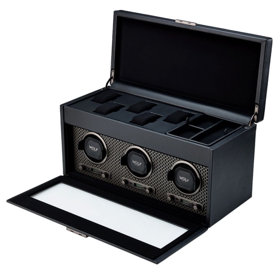 Open view of Wolf 1834 Axis Triple Watch Winder With Storage 469403