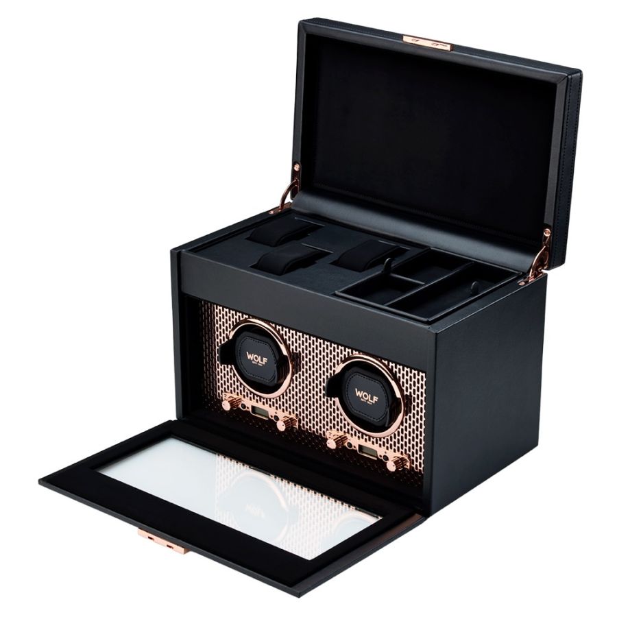 Open View of Wolf 1834 Axis Double Watch Winder With Storage 469316