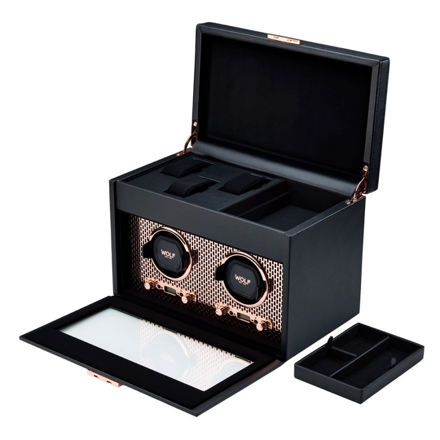 All Open View of Wolf 1834 Axis Double Watch Winder With Storage 469316