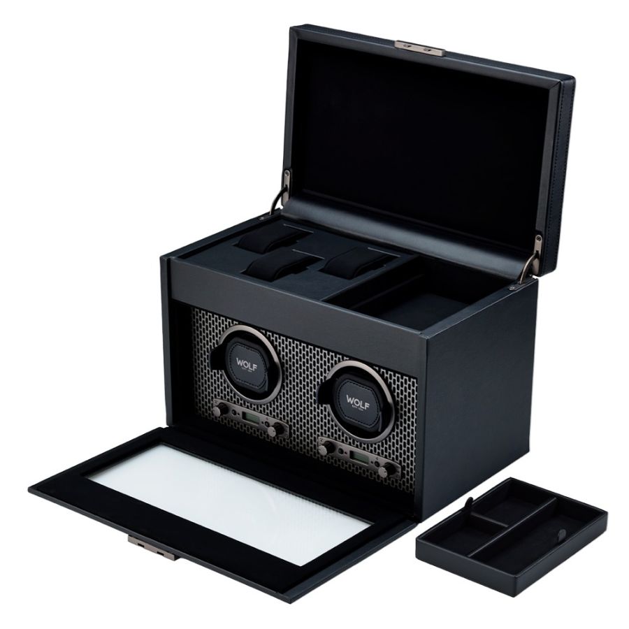 All Open View of Wolf 1834 Axis Double Watch Winder With Storage 469303