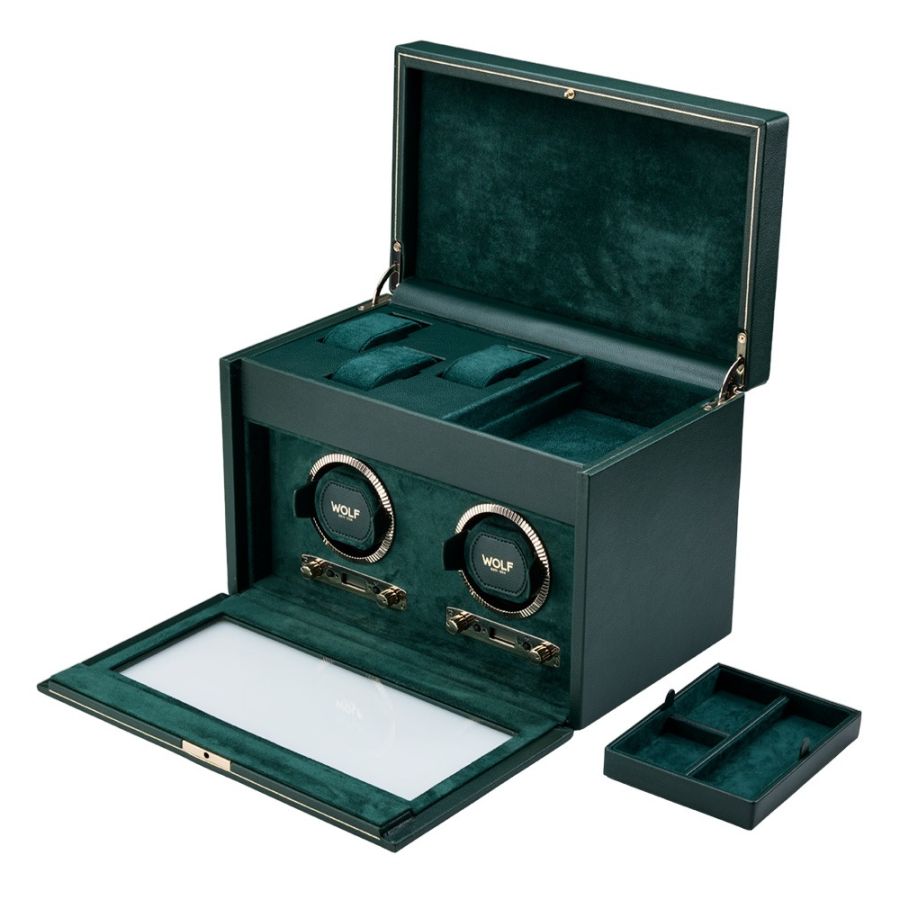 All Open view of Wolf 1834 British Racing Double Watch Winder with Storage 792241