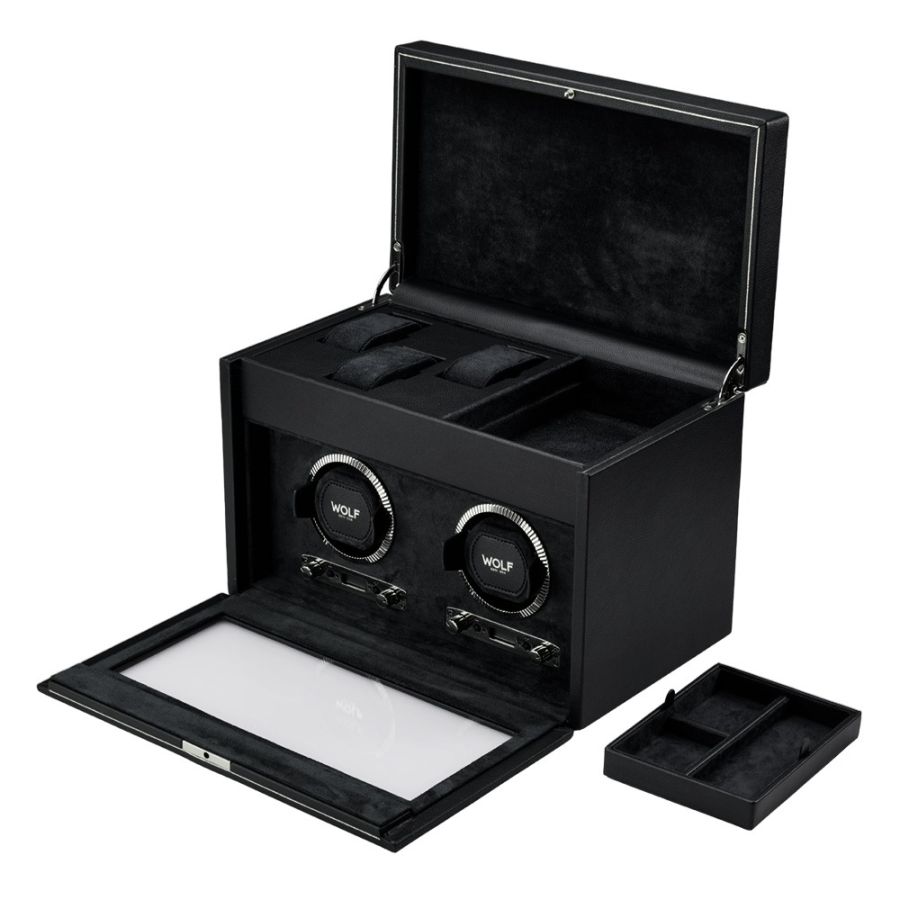All Open View of Wolf 1834 British Racing Double Watch Winder with Storage 792202
