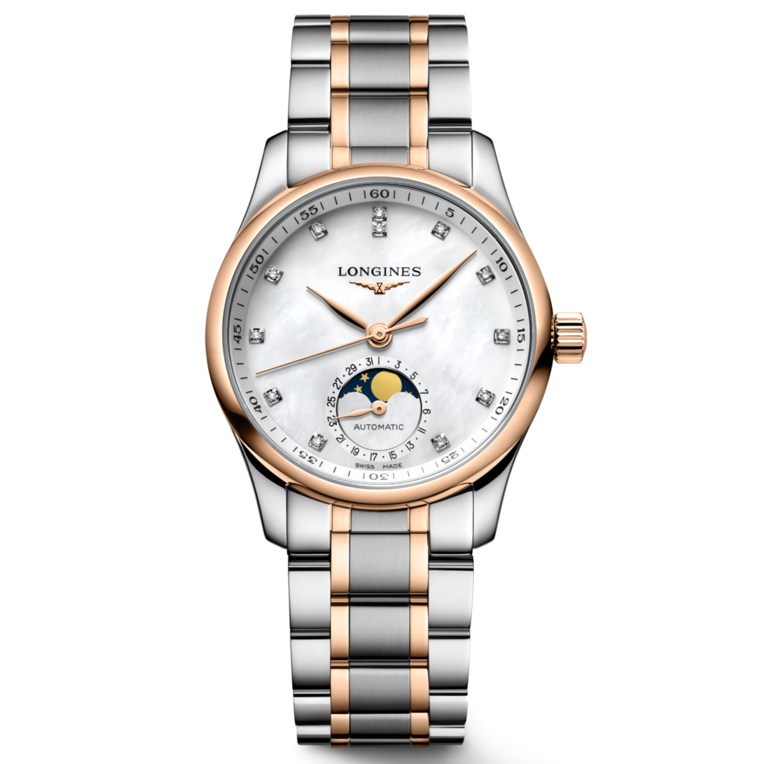 Front View of Longines Master Collection Mother of Pearl Moon Phase 34mm