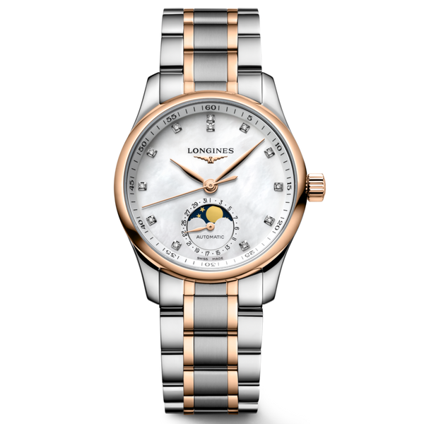 Front View of Longines Master Collection Mother of Pearl Moon Phase 34mm
