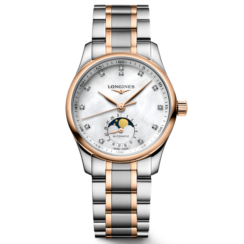 Front View of Longines Master Collection Mother of Pearl Moon Phase 34mm